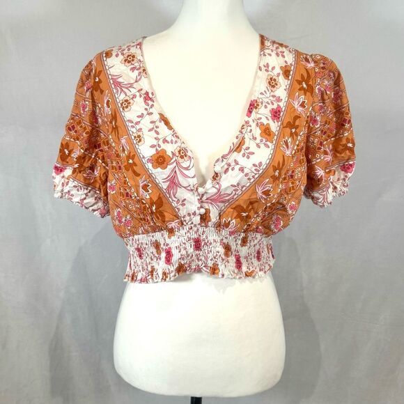 Rust pink and white boho hippie smocked crop top size large - Picture 1 of 5